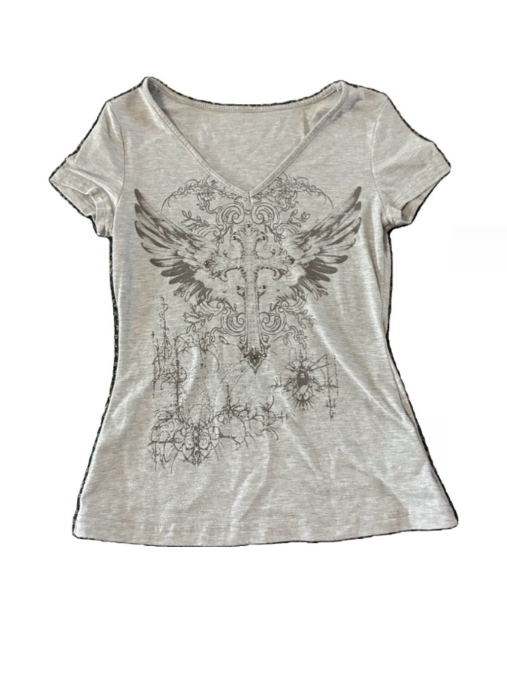 Women's V-Neck Winged Cross Graphic Tee - Light Gray